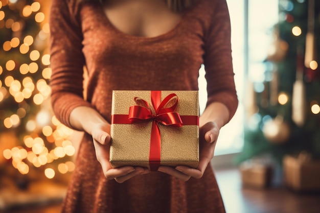 Unrecognizable woman in front of Christmas tree giving present