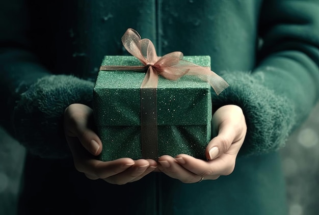 Unrecognizable woman holding gift in green box