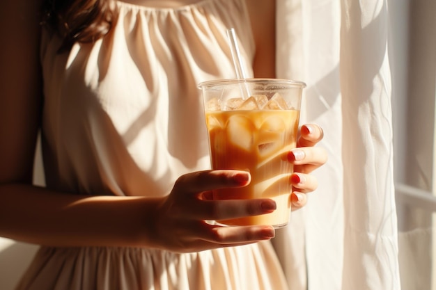 Photo unrecognizable woman holding iced coffee in glass beige and white tones natural light ai generated