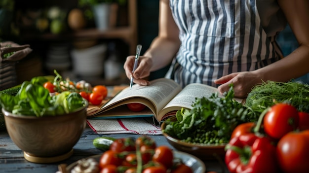 사진 알 수 없는 여자가 요리책에서 요리법을 찾고 있으며, 여성 요리사는 책에서 요리를 읽고 건강한 점심을 위해 신선한 채소로 가득 찬 테이블에 펜을 들고 있습니다.