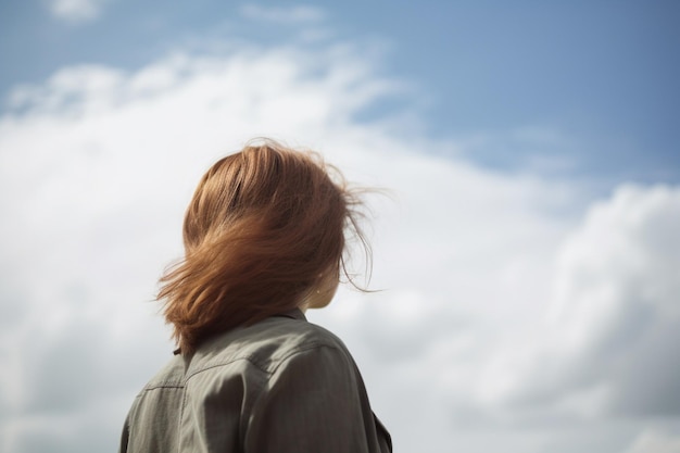 unrecognizable Woman looking up into the sky and thinking about her future rear view