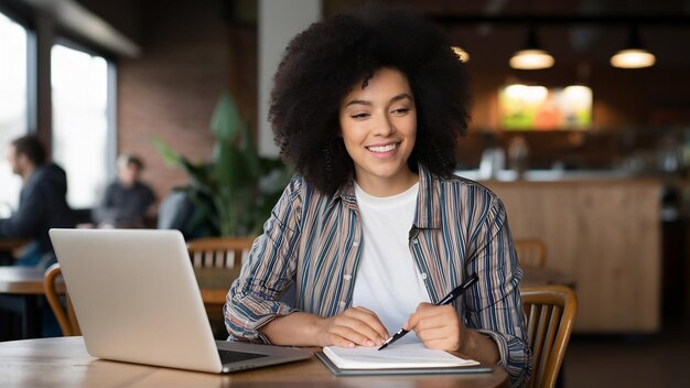 Unrecognizable woman sitting in cafe with laptop and writing in journal