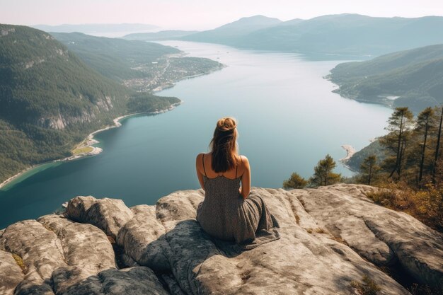 Unrecognizable woman sitting near the lake ai generated