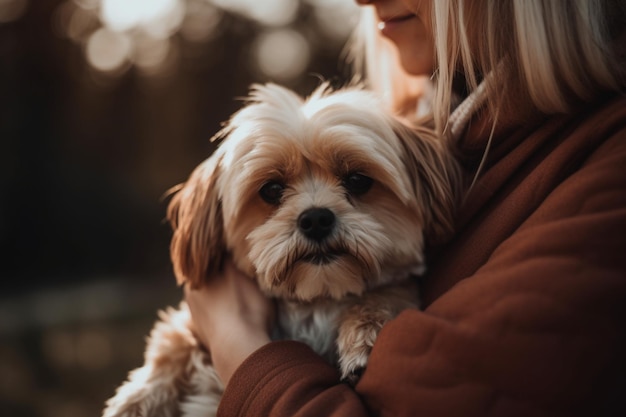 Unrecognizable woman spending quality time with her pet playing fetch cuddling with love