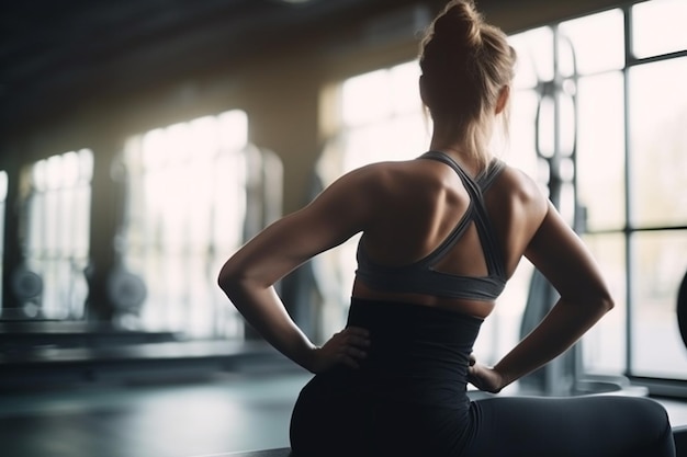 unrecognizable woman stretching her back in a training gym