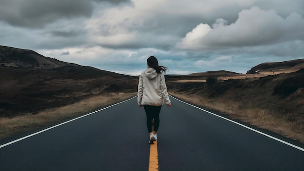 Photo unrecognizable woman walking on road near hills under cloudy sky