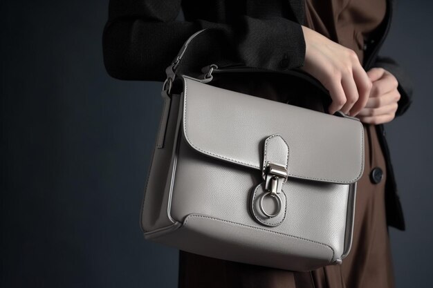 unrecognizable Woman with stylish bag on grey background closeup studio shot