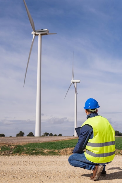 Unrecognizable worker from behind using his digital tablet in a\
zero emission renewable energy facility with electric wind turbines\
in the background climate change and alternative energy\
concept