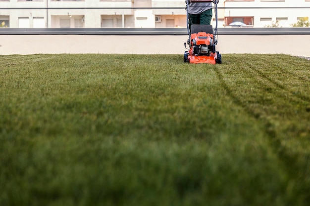 An unrecognizable worker is cutting grass with a lawn mower in a public space