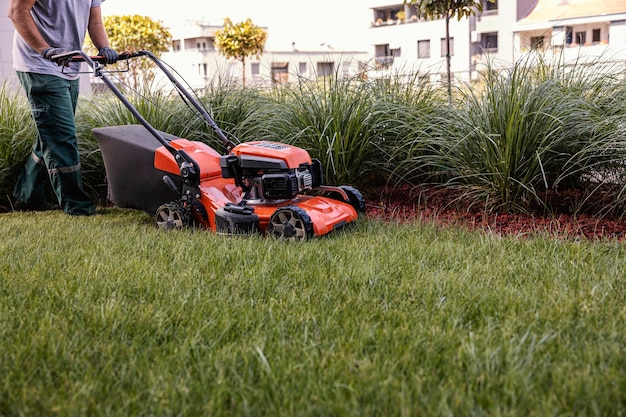 An unrecognizable worker is mowing the lawn with a grasscutter in a public place