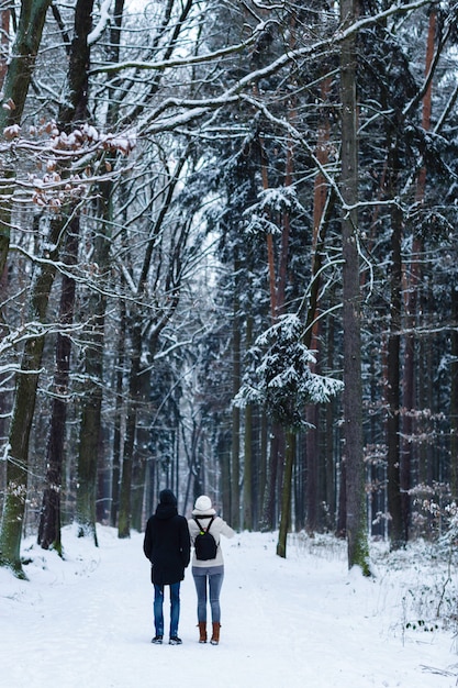 Unrecognizable young couple standing alone and looking towards a pathway in a winter forest. View from the back