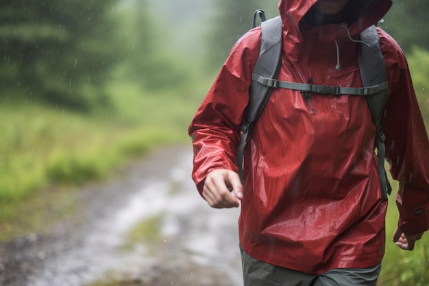 雨の中、防水ジャケットを着てハイキングする、認識できない若者