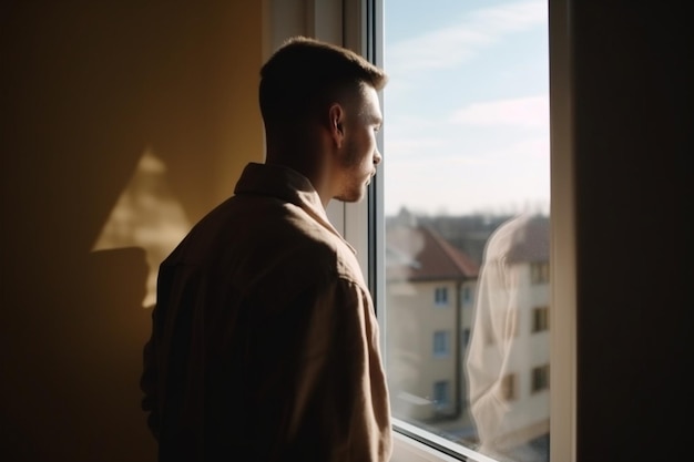 Unrecognizable young man stands by the window on sunny day