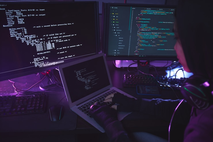 Photo unrecognizable young man surrounded by multiple screens programming or hacking security in dark room, copy space