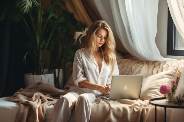 Unrecognizable young woman sitting on bed working Home office