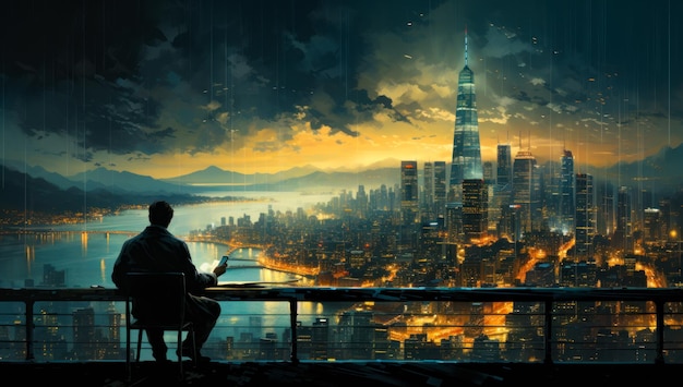 Unrecognized man sitting on the chair on the balcony of a high building Man looks at city panorama with skyscrapers at night Generative AI