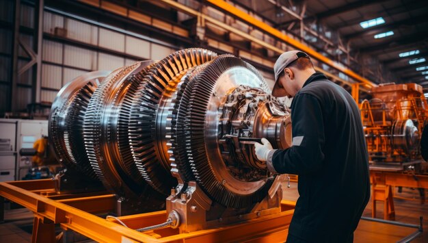 Unrecognized man in uniform and cap stands at the big plane detail Manufacturing jet engine at plant Generative AI