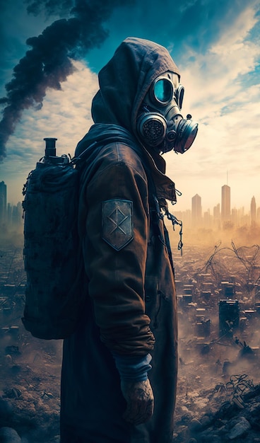 Unrecognized person wearing protective suit and radiation mask Postapocalyptic scenery in ruins and smoke at backdrop Generative AI