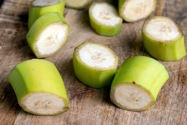 Unripe green banana cut into pieces