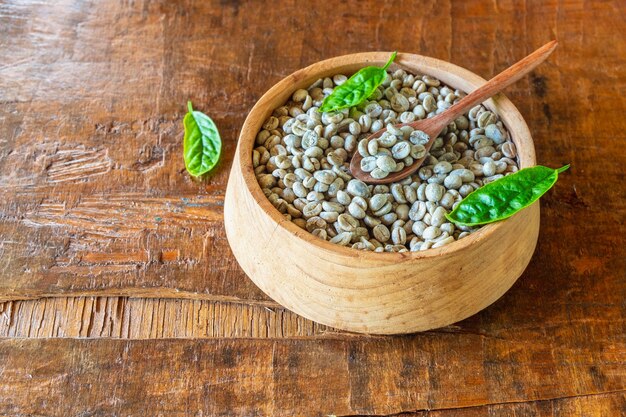 Unroasted green coffee beans in a wooden bowl