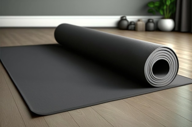 Развернутый черный коврик для йоги на полу в комнате Место для текста