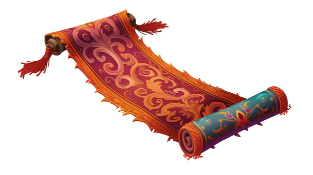 Photo an unrolled red magic carpet with golden patterns and blue edges