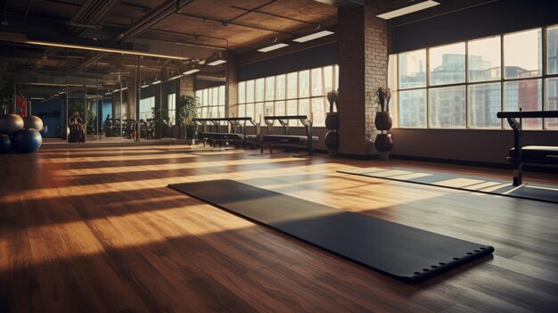 Foto tappetino da yoga non arrotolato sul pavimento di legno in un moderno centro fitness o a casa con grandi finestre neurali