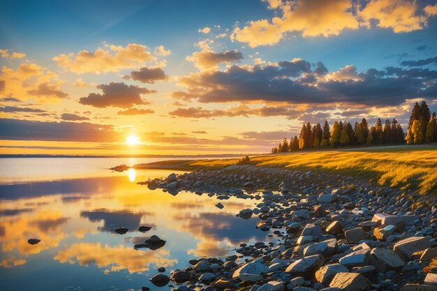 unset at coast of the lake Nature landscape Nature in northern Europe reflection blue sky and yellow sunlight landscape during sunset