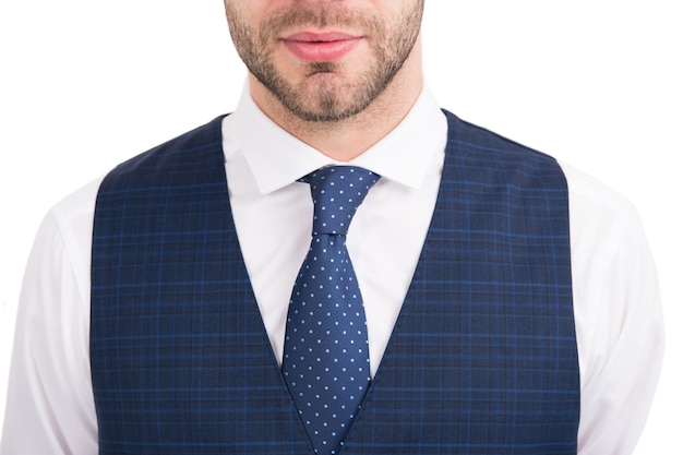 Unshaven male face chin and neck skin with bristle hair white collar with tie, skincare.