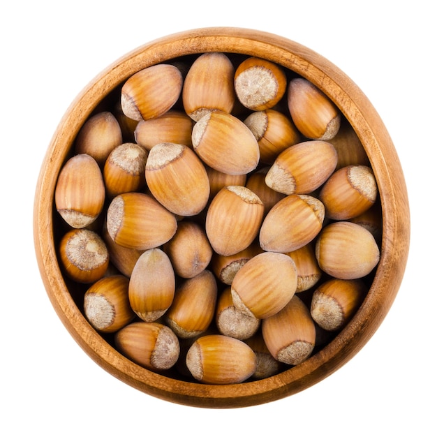 Unshelled hazelnuts in a bowl over white