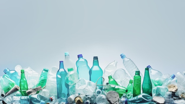 Unsorted garbage Crashed empty colored carbonated plastic bottles on light neutral background