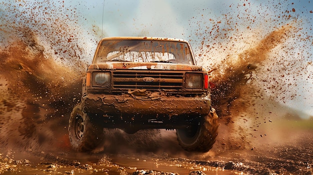 Photo an unstoppable force a muddy monster truck speeds through the mud its wheels spinning furiously