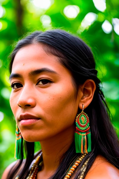 Photo untamed beauty of the amazon a captivating portrait of an indigenous woman from a tribal community