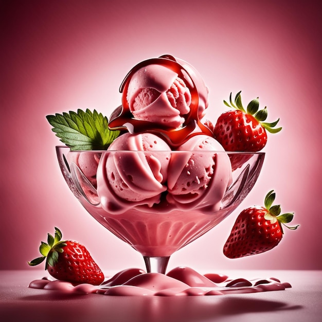 Untitled design 1Gelato with strawberry on top classic and delicious dessert with fresh milk and c