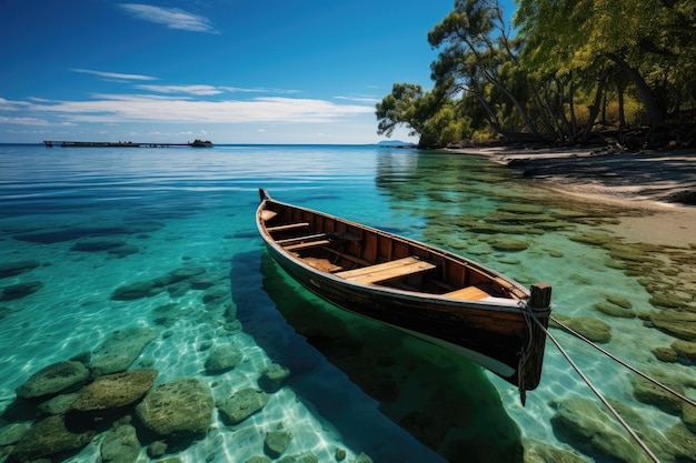 手つかずの楽園、明るい青いラグーン、ヤシの木、白い砂のボート、生成的な IA