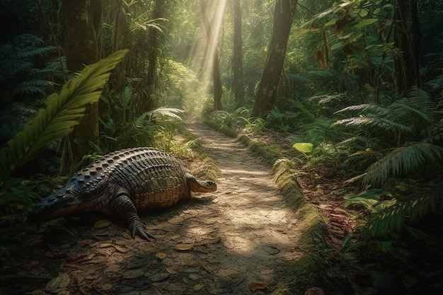 Photo untouched tropical island with ancient giant trees and ferns