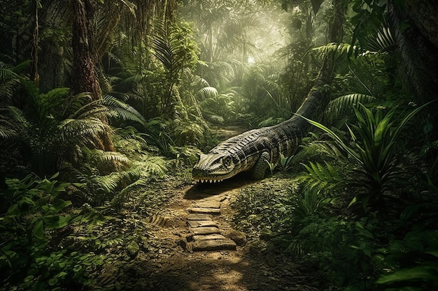 Photo untouched tropical island with ancient giant trees and ferns