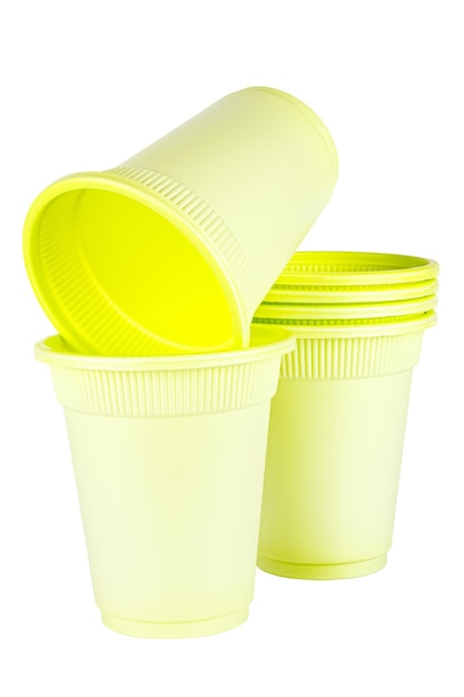 Unused green disposable cups made of biodegradable materials isolated on white