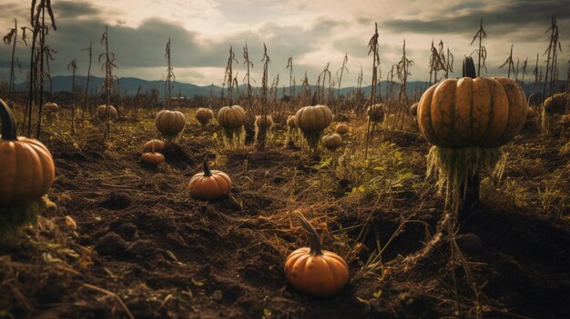 Unused pumpkins sprouting in a field
