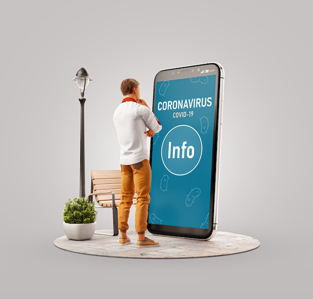 Unusual 3d illustration of a man standing at big smartphone and reading information about coronavirus