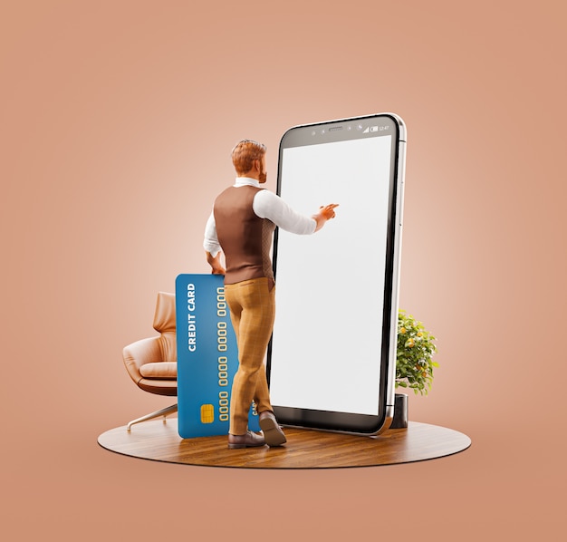 Unusual 3d illustration of a young man with credit card standing at big smartphone in office and using smart phone