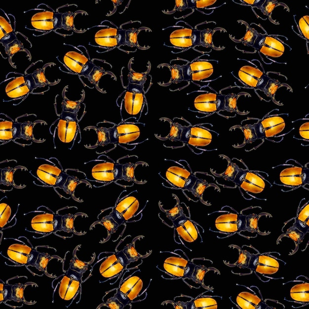 Unusual background with yellow beetles Lucanus on black, horror halloween, exotic seamless pattern