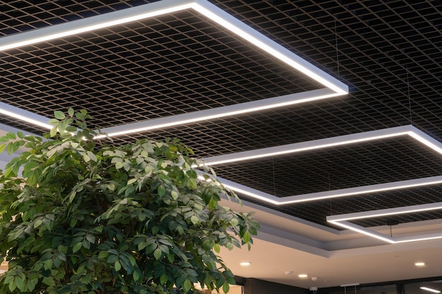 Unusual ceiling design with a square chandelier Black mesh ceiling in an expensive hotel View of a decorative tree on a black background with diode illumination Interior design