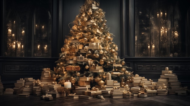 An unusual christmas tree made of books stands in the living room