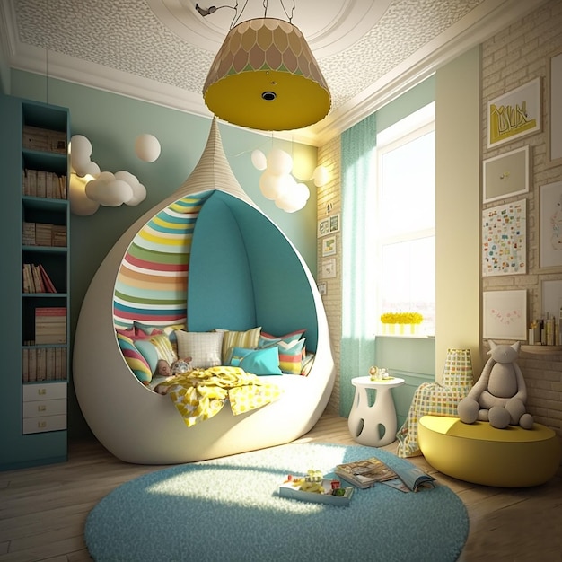 Unusual creative design of a children's room in pastel colors