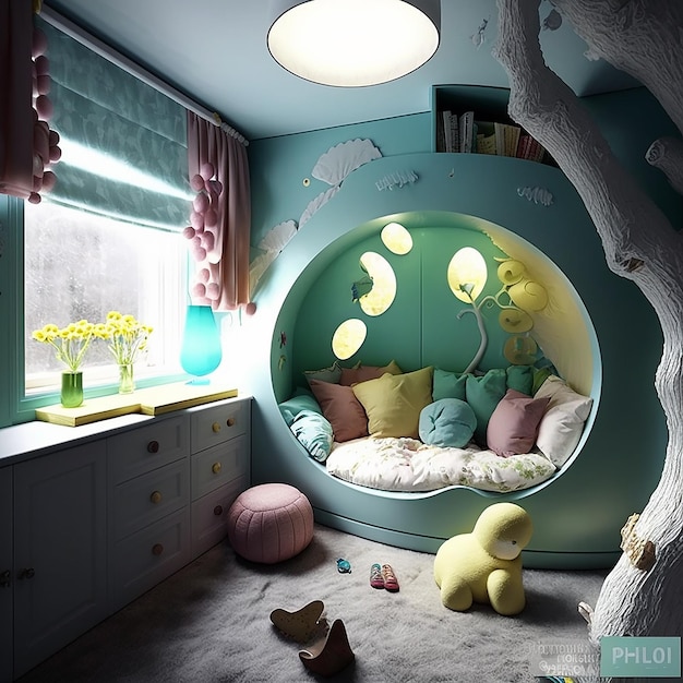 Unusual creative design of a children's room in pastel colors