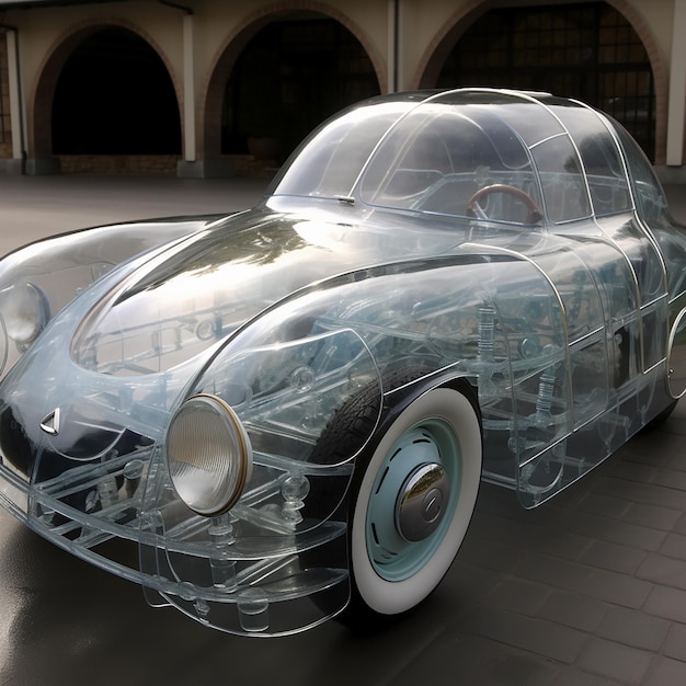 Unusual creative fantastic transparent car closeup