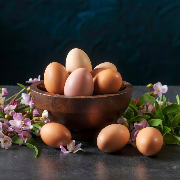 Unusual Easter on dark background Bowl of brown eggs on dark blue table flowers