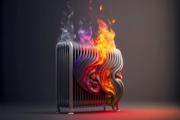 Photo unusual heating radiator on gray background with flame of fire