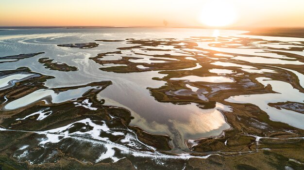 Unusual Islands on Lake Sivash and drone camera